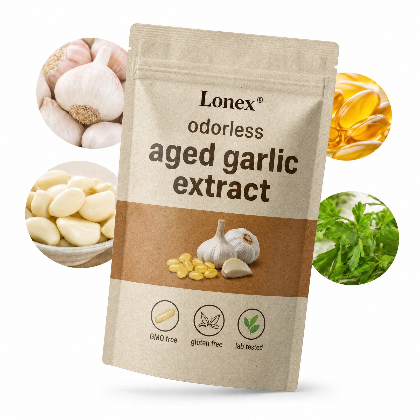 LONEX Odorless Aged Garlic Extract with garlic, softgels and parsley