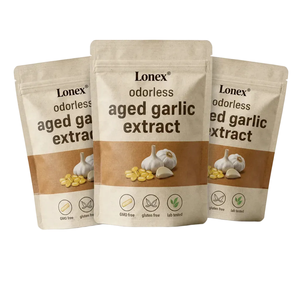 LONEX aged garlic odorless softgels supplement against a dark green background.